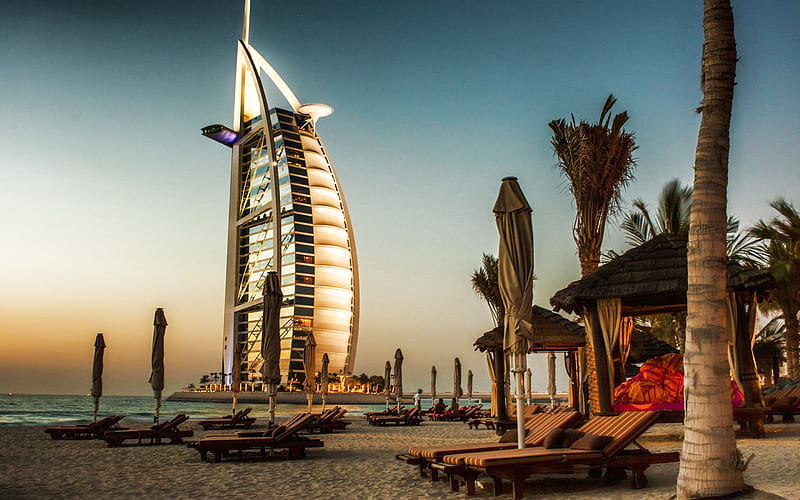 Dubai, Burj Al Arab, luxury hotel, evening, sunset, UAE, Persian Gulf, coast, summer travel, HD wallpaper