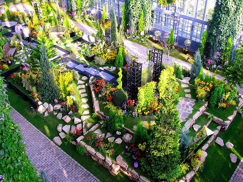 green house, structure, stone, grass, flowers, beauty, garden, nature, trees, HD wallpaper