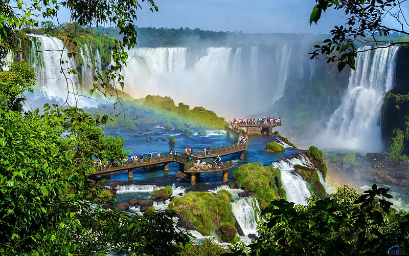 Iguazu Falls, Argentina, Waterfall, Iguazu, Bridge, Argentina, HD wallpaper