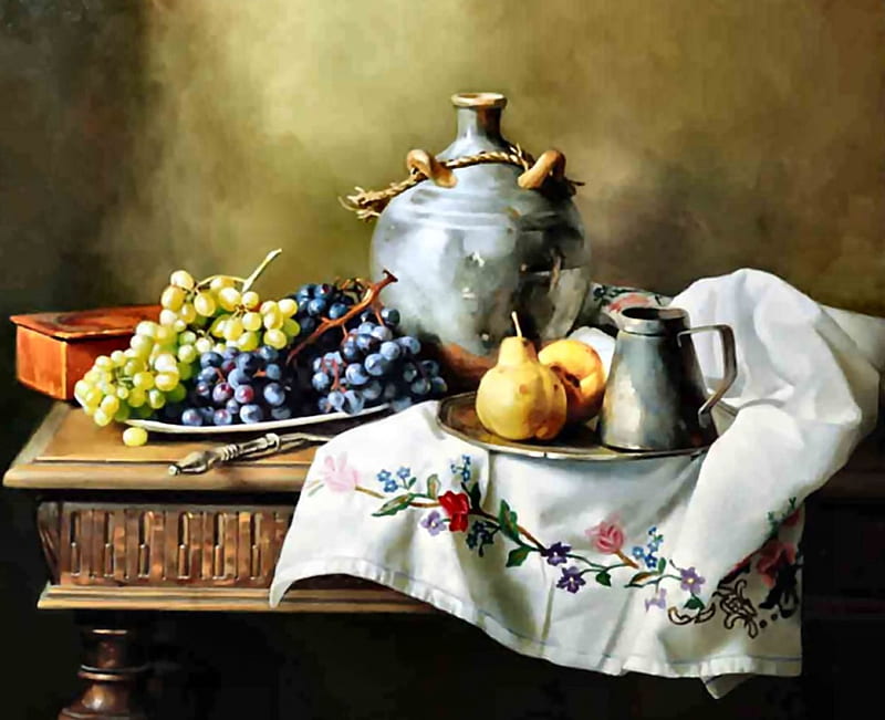 Still Life With Emroidery Cloth F, art, bonito, artwork, grapes, still life, pears, embroidery, painting, wide screen, HD wallpaper