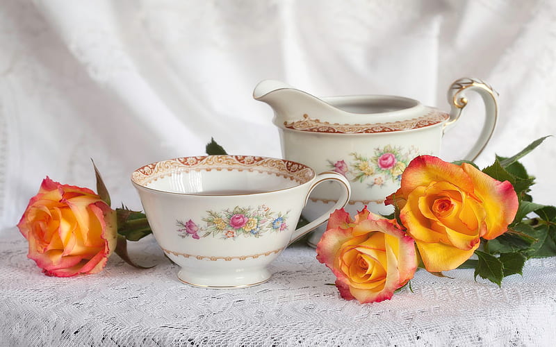 Tea Time, with love, pretty, rose, crockery, yellow, bonito, cup of tea, tea, still life, graphy, tenderness, flowers, beauty, for you, lovely, romantic, romance, china, colors, delicate, roses, teacup, yellow roses, antique, milkpot, cup, nature, HD wallpaper