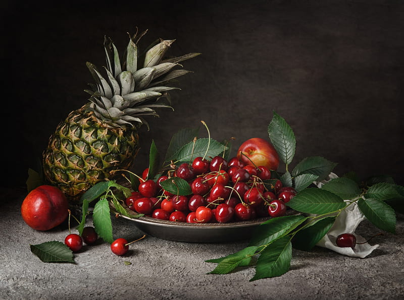 Fruits, Fruit, Cherry, Nectarine, Pineapple, HD wallpaper