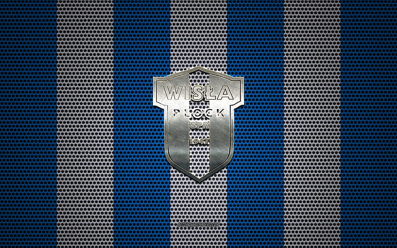 Wisla Plock logo, Polish football club, metal emblem, blue white metal mesh background, Wisla Plock, Ekstraklasa, Plock, Poland, football, HD wallpaper