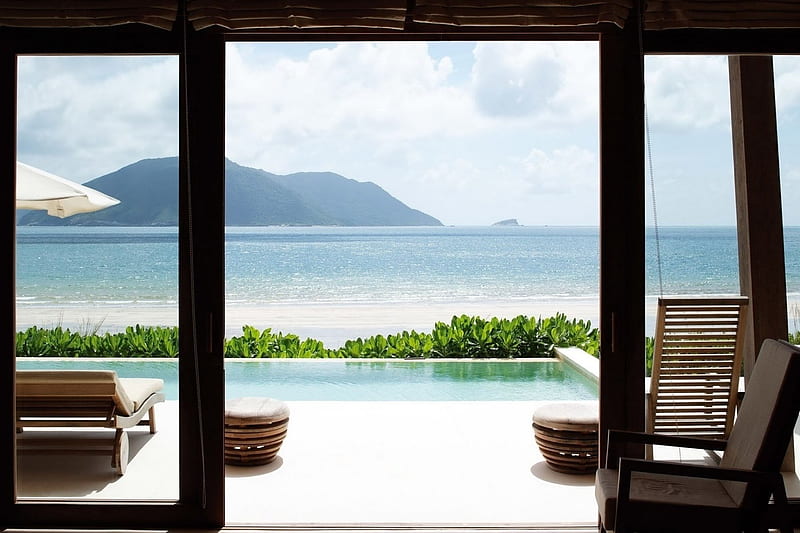 wonderful view from a window in the tropics, house, window, view, island, pool, sea, HD wallpaper