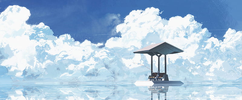 anime landscape, beyond the clouds, fishing, water, scenic, Anime, HD wallpaper