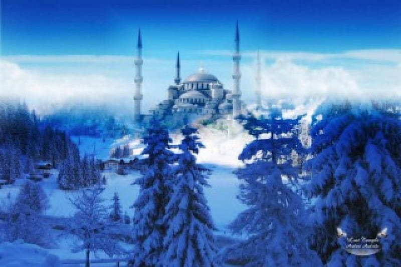 Lost Temple, building, house, mosque, snow, winter, landscape, HD wallpaper