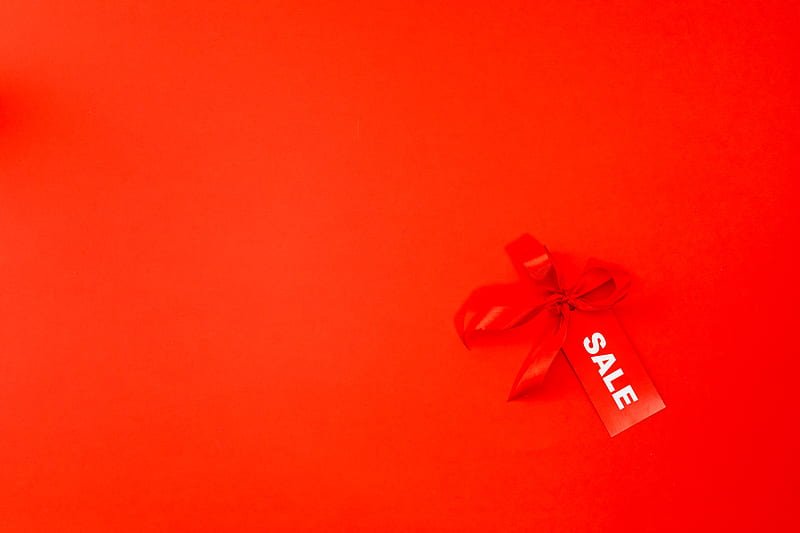A Red Ribbon and Sale Tag on Red Background, HD wallpaper