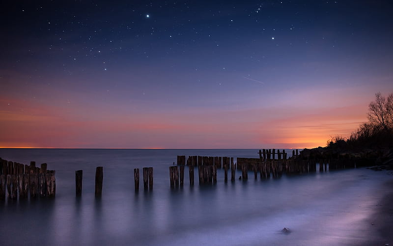 sky stars evening coast sea-, HD wallpaper
