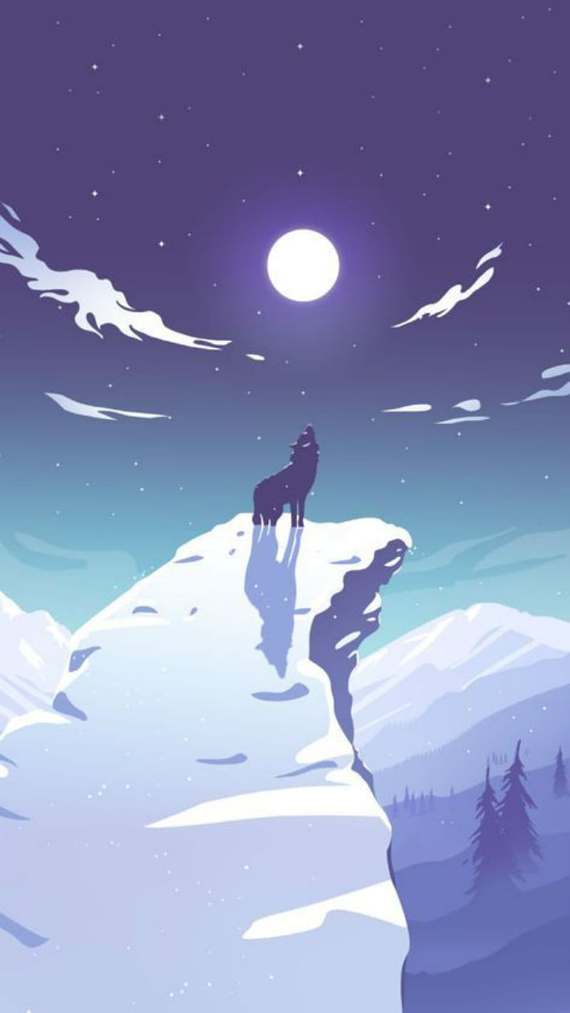 Winter howl, howling, moon, moonlight, winter, cliff, mountains, trees, shadow, wolf, snow, HD phone wallpaper