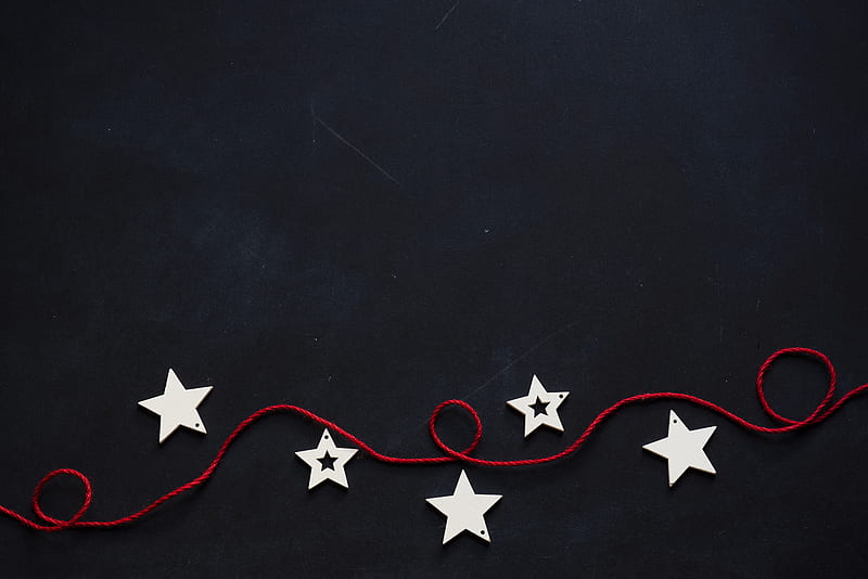 white stars cutout on black surface with red string, HD wallpaper