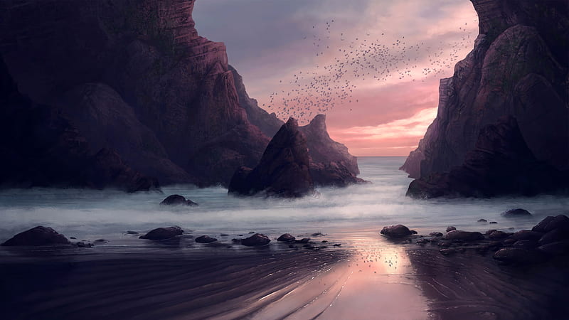 ocean, hidden beach, rocks, birds, sunset, Landscape, HD wallpaper