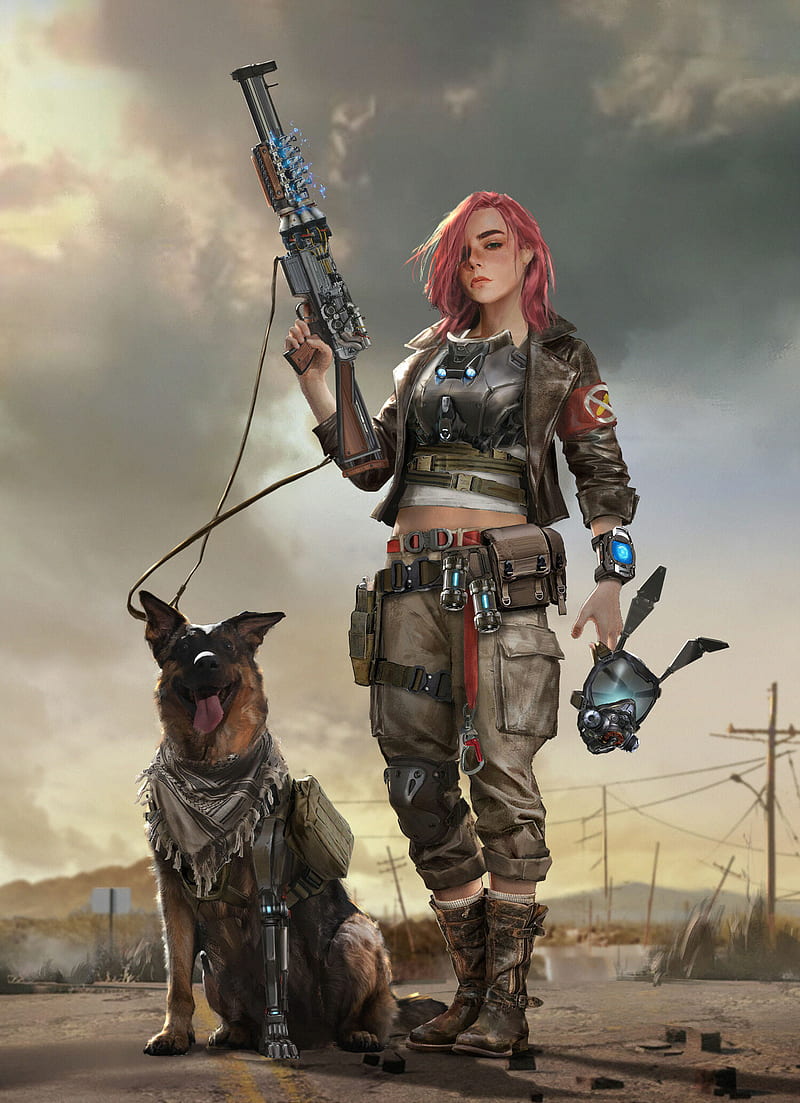portrait display, fictional character, original characters, simple background, post apocalypse, dog, weapon, redhead, Ningbo Jiang, HD phone wallpaper