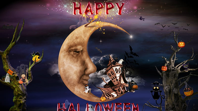 Pumpkins Ghosts Moon Clouds Happy Halloween, HD wallpaper