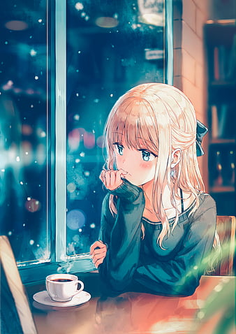 Anime Girl, blue, cafe, cute, HD phone wallpaper