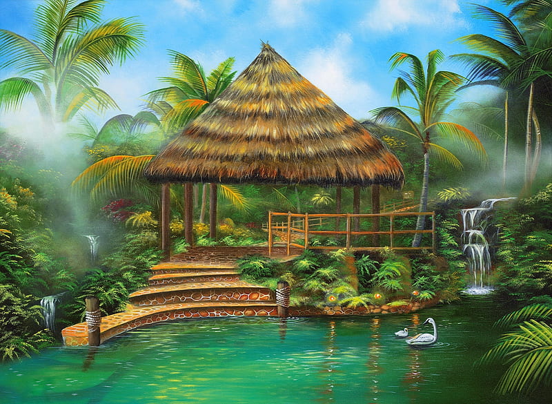 Tropical Paradise, contemporary, love four seasons, attractions in dreams, modern, resorts, paintings, paradise, summer, garden, nature, gazebo, tropical, HD wallpaper