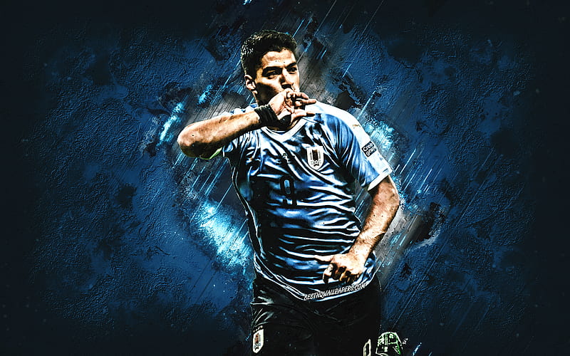 Luis Suarez, Uruguay national football team, Uruguay footballer, striker, blue stone background, creative art, Uruguay, HD wallpaper
