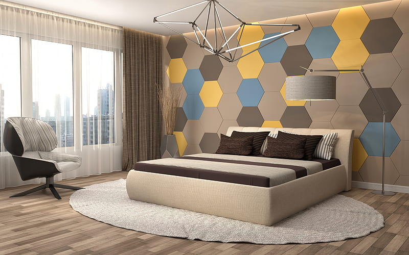 brown bedroom, honeycomb abstraction on the wall, bedroom project, modern interior design, HD wallpaper