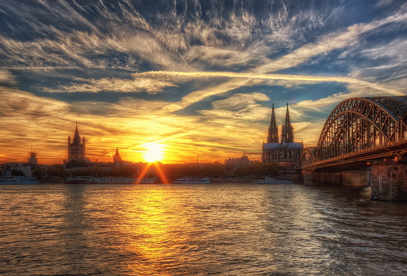 Rhine Bridge in Cologne, Germany, sun, river, sunset, cathrdral, clouds, sky, HD wallpaper