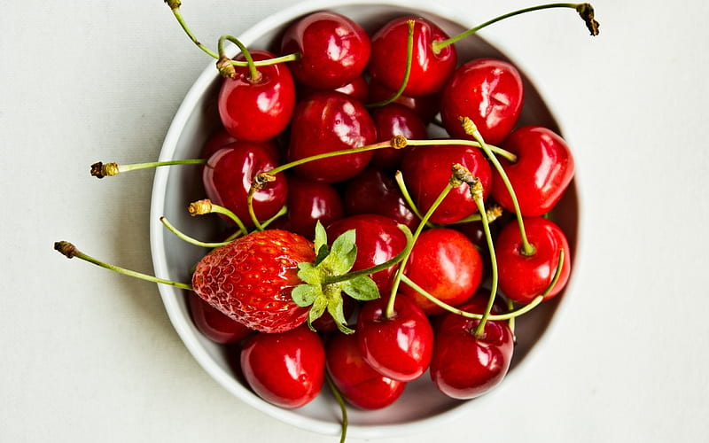 A bowl of cherries, one strawberry, Bowl, Red, Cherries, Strawberry, HD wallpaper