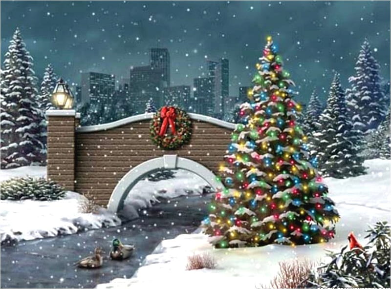 Christmas, tree, snow, bridge, river, winter, HD wallpaper | Peakpx
