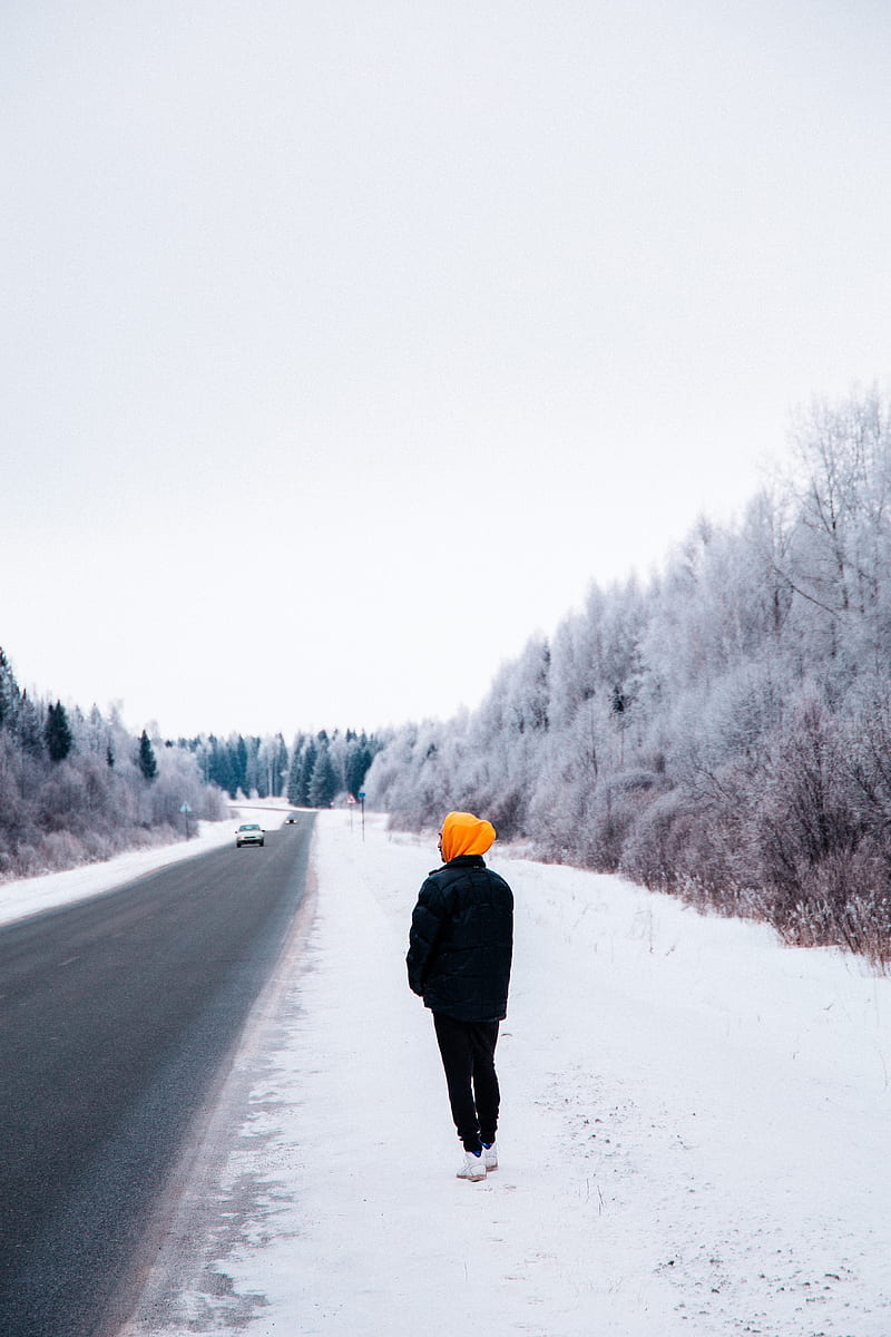 man, road, snow, winter, HD phone wallpaper