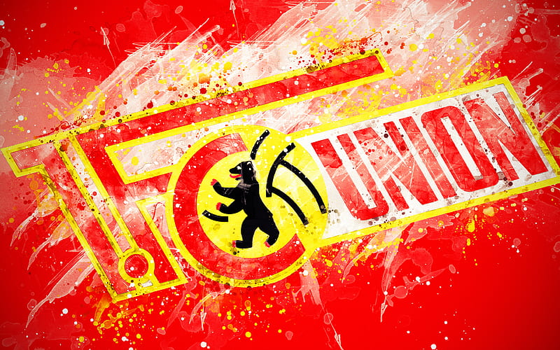 FC Union Berlin paint art, logo, creative, German football team, Bundesliga 2, emblem, red background, grunge style, Berlin, Germany, football, HD wallpaper
