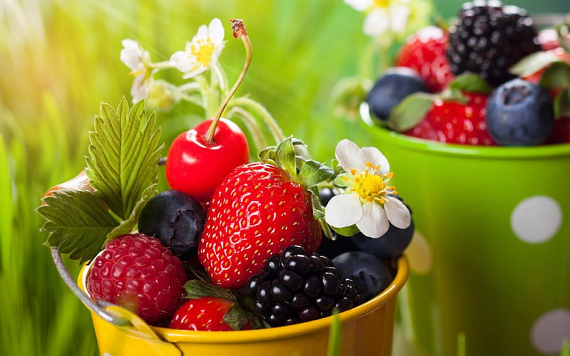 Berries, red, strawberry, grass, food, blackberry, yellow, sweet, dessert, fruit, green, berry, blueberry, summer, flower, white, cherry, HD wallpaper