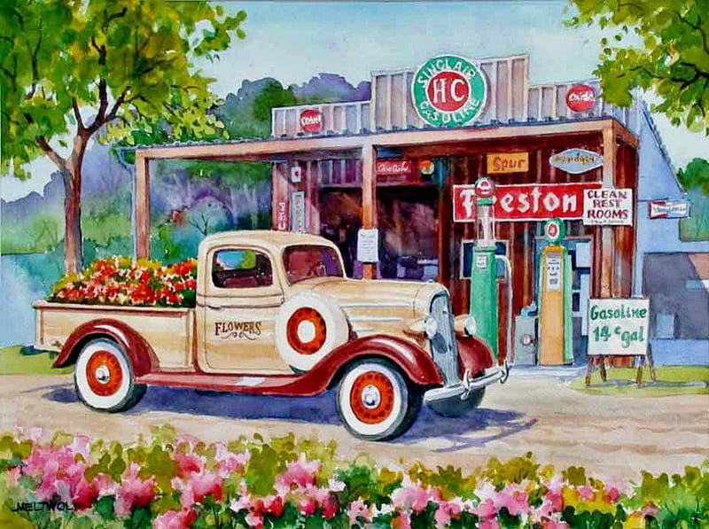 VINTAGE GAS STATION, carros, automobiles, stations, vehicles, flowers, pick up truck, gas pumps, flower truck, HD wallpaper
