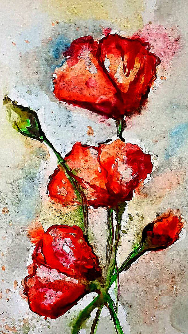 Poppy painting, art, floral, flowers, iphone, phone, samsung, watercolour, HD phone wallpaper