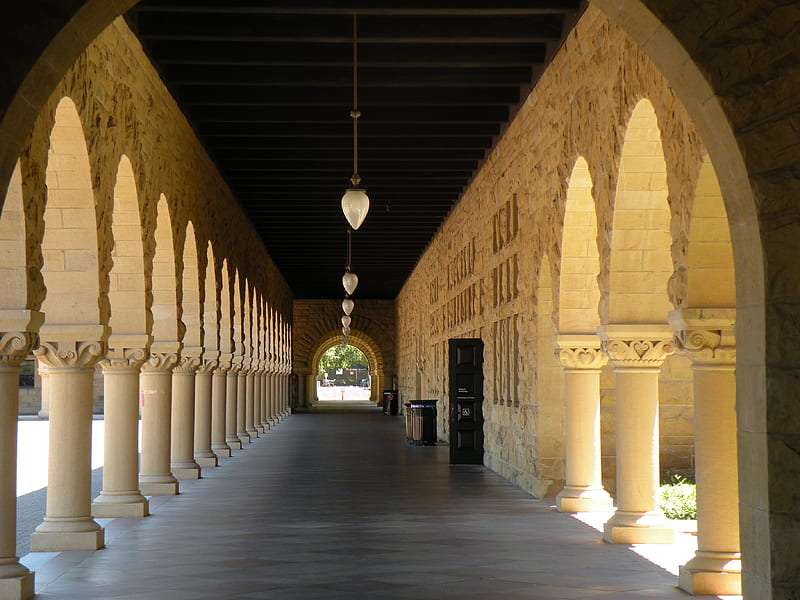 Stanford University, aisle, columns, stanford, long, HD wallpaper