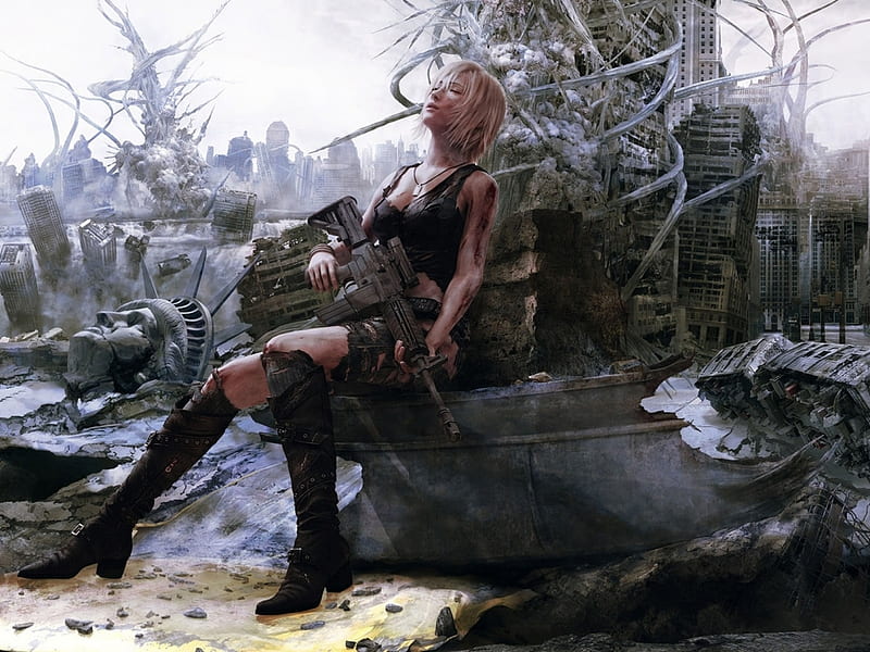 well earned rest, seated, buildings, ruins, weapon, woman, HD wallpaper
