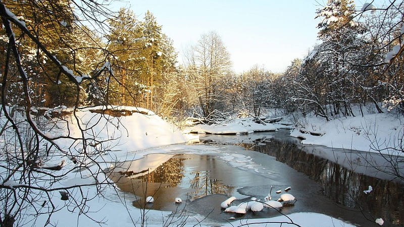 river at end of winter, river, trees, snow, melting, HD wallpaper