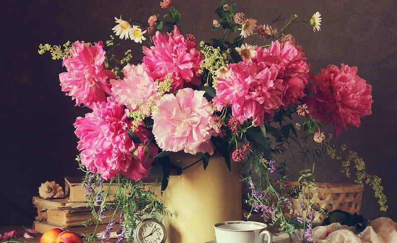 Still life, vase, cup, flowers, fruts, HD wallpaper