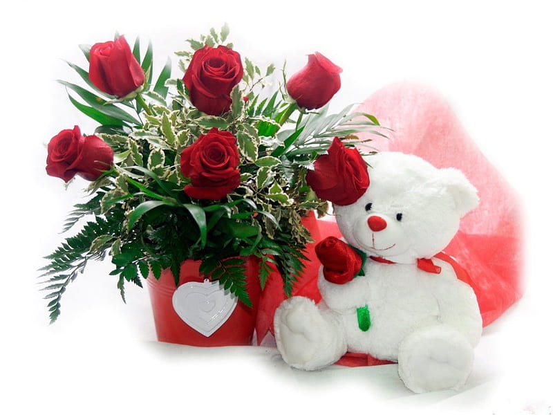 TEDDY PREZZIE, red, red roses, valentine, roses, birtay, teddy bears ...