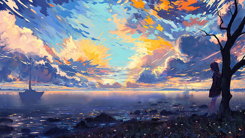 Anime girl, horizon, landscape, clouds, sunset, Anime, HD wallpaper