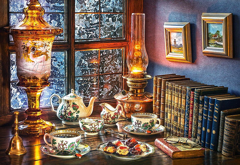 Afternoon Tea, porcelain, table, lamp, window, books, painting, ice, winter, HD wallpaper