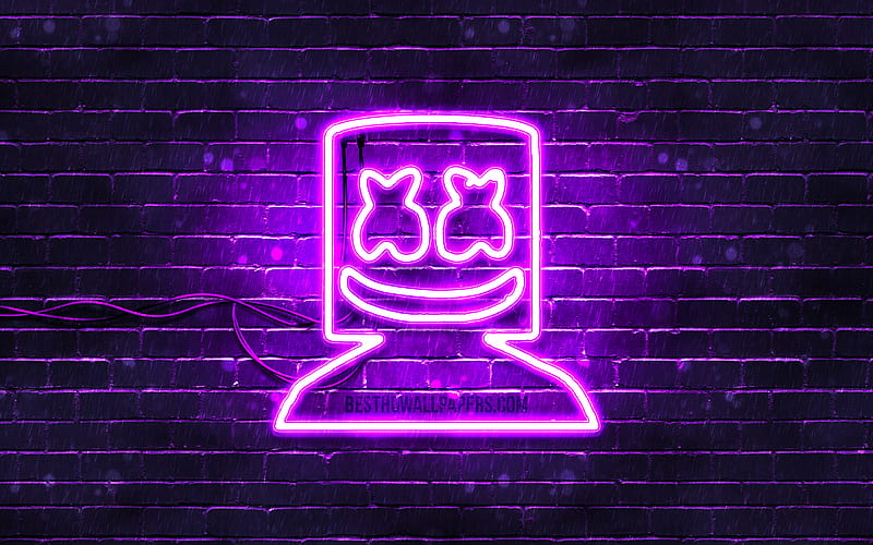 DJ Marshmello, violet brickwall, music stars, Christopher Comstock, violet neon signs, Blue neon Marshmello, music brands, Marshmello, HD wallpaper