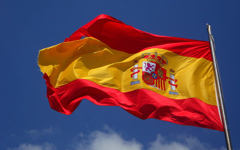 Waving spanish flag blue sky, flagpole, Flag of Spain, European countries, spanish flag, Spain, HD wallpaper