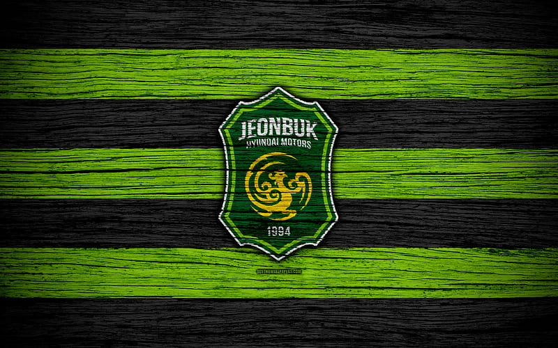Jeonbuk Hyundai Motors FC K League 1, wooden texture, South Korean football club, logo, green black lines, emblem, Jeonju, South Korea, football, HD wallpaper
