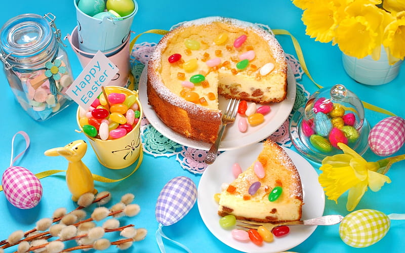 Happy Easter!, cake, food, yellow, easter, spring, sweet, dessert, card, egg, flower, bunny, figurine, blue, HD wallpaper