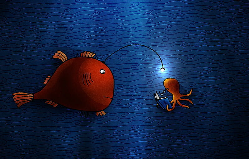 More Light please, underwater, anglerfish, fish, funny, cartoon, oktupus, HD wallpaper