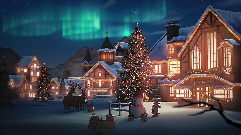 Holiday, Christmas, Aurora Borealis, House, Snow, Snowman, Winter, HD wallpaper