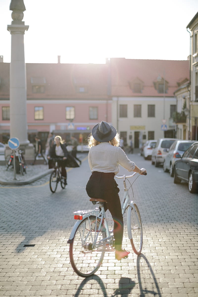 girl, bicycle, urban, people, cars, old town, architecture, City, HD phone wallpaper