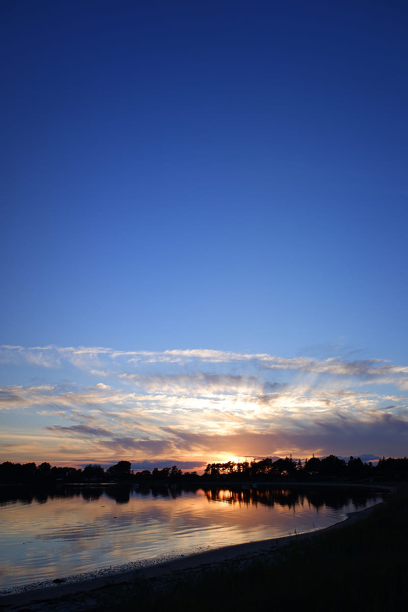 lake, sunset, dusk, dark, shore, HD phone wallpaper