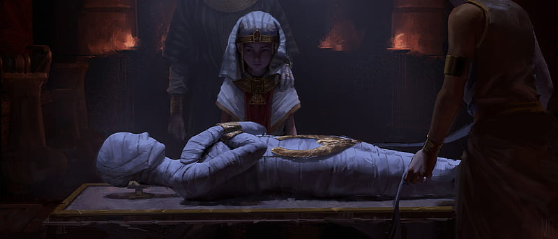 The mummy of the Pharaoh, fantasy, frumusete, luminos, girl, dark, pharaoh, minh bui, mummy, egypt, HD wallpaper