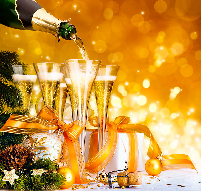 Happy New Year!!!, pretty, orange, christmas balls, bottle, 2012, yellow, magic, xmas, magic christmas, beauty, star, lovely, holiday, christmas, ribbon, decoration, new year, glass, merry christmas, balls, champagne, colorful, glasses, bonito, graphy, ball, decorations, party, happy holidays, stars, wine, christmas decoration, colors, christmas ball, christmas gift, happy new year, HD wallpaper
