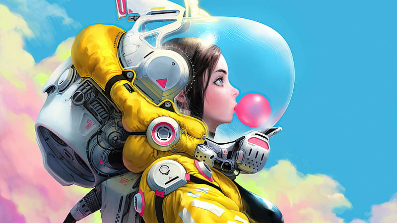 space suit, girl, profile view, bubble gum, astronaut, artwork, Sci-fi, HD wallpaper