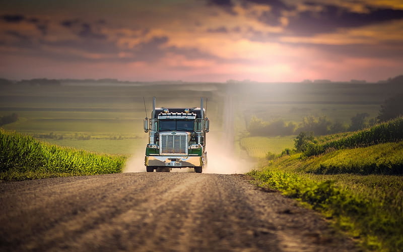 the dusty trail, sunset, truck, road, grass, HD wallpaper