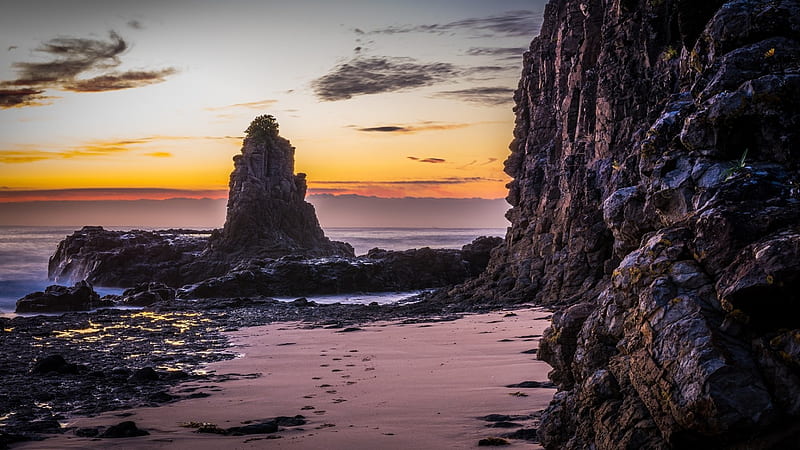 morning on cathedral rock beach australia r, beach, rocks, r, morning, sea, HD wallpaper