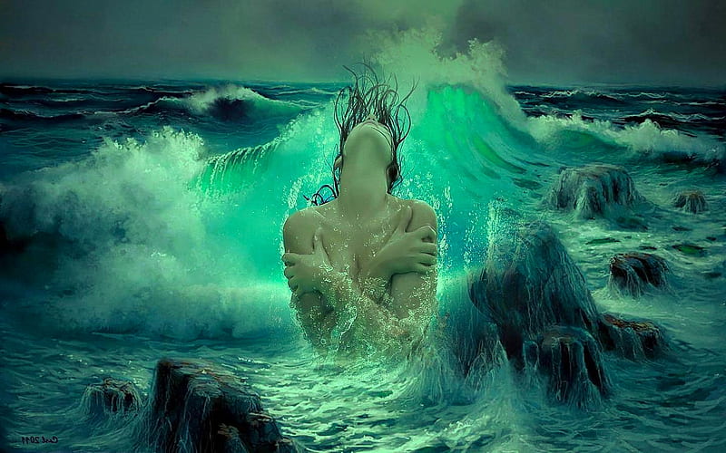 Mermaid in Stormy Weather, fantasy, girl, mermaid, digital, waves, sirene, woman, pretty, art, storm, HD wallpaper